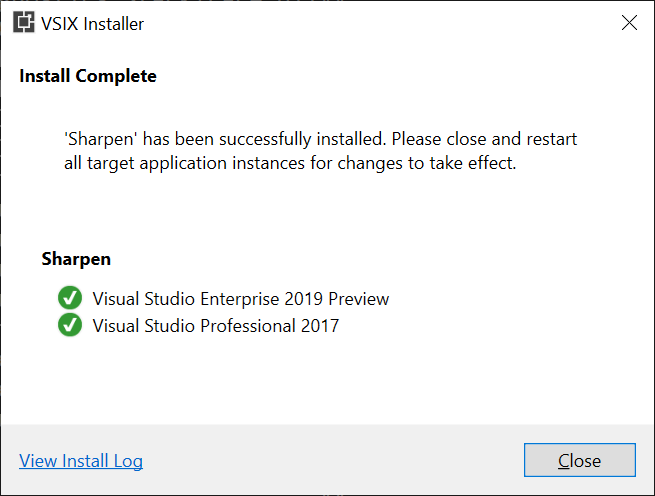 Sharpen installation supports VS 2017 and VS 2019